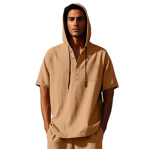 Men's Short Sleeve Cotton Linen Shirts Casual Summer Beach Hooded Shirts Lightweight Breathable Solid Color Sweatshirts