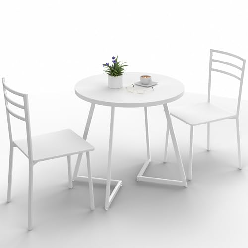 Image of VECELO Small Round Dining Table Set for 2, Wood Marbled Tabletop with Metal Frame, Modern Dinette with Chairs for Kitchen Breakfast Nook Living Room, Solid White
