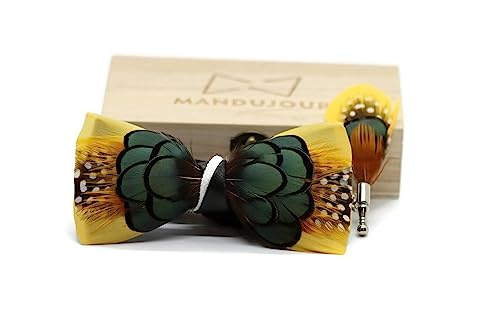 Exotic Canary Feather Bow Tie & Lapel Pin Set - Handmade Designer Accessory for Formal Events
