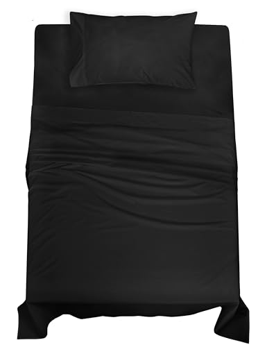 Image of ROYALE LINENS 100% Organic Cotton Twin XL Sheet Set - Percale Weave - 3 Pieces Set - 1 Flat, 1 Deep Pocket Fitted Sheet and 1 Pillowcases - Black Bed Sheets - Sabanas Twin XL - Crisp Cool (Black)