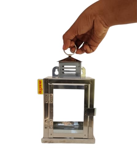Image of Nakshathra Stainless Steel Wall Mounted Oil Lamp with Glass Cover, Deepam Lid, Windproof Hanging Diya Lantern for Home & Temple Pooja, Ideal for Decorating Indoor and Outdoors (Small)