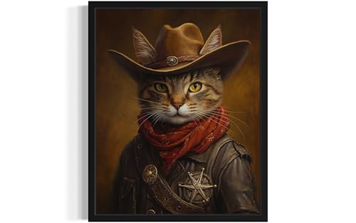 HomeArtPrint Cat Cowboy Art Poster Print, Cat Kitten Painting Humor Portrait Pet Artwork Decor Gallery A8 (8 x 10 inches, Unframed)
