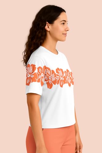Image of HELLCAT Beige Printed Loose Fit Crew-Neck Crop T-Shirt for Women