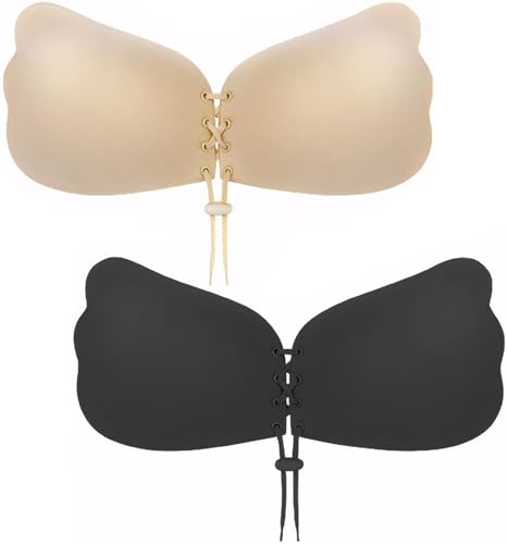Sticky Bra Strapless Adhesive Invisible Push Up Lift Bras 2 Pair Reusable for Women Backless Dress Black and Nude