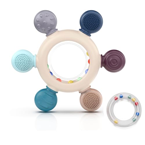 akolik Beißring Baby, BPA-frei Zahnungshilfe aus Silikon, Baby Spielzeug ab 0 3 6 9 Monate, Beissring Babys, Rassel Ruder Greifling Beißspielzeug, Erstausstattung Neugeborene, Geschenk Mädchen Junge