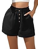 KOJOOIN Pantalones cortos para mujer con bolsillos, tira de botones, cintura alta, holgados, pantalones cortos, pierna ancha, monocolor, pantalones cortos con cintura elástica (embalaje múltiple),