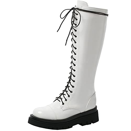 Meefit Women Goth Knee High Platform Boots Lace Up Chunky Heel Combat Tall Boots2