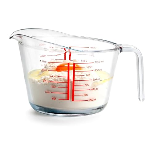 Image of Incrizma 1000 ml Glass Measuring Cup, Heighten Spout for Easy Pouring Measuring Glass, Clear with Red Measurements