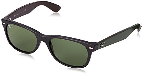 Ray-Ban RB2132 New Wayfarer Square Sunglasses, Matte Black/Green, 55 mm