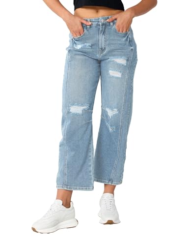 Barrel Jeans Women Stretchy Fabric & Ripped Style Wide Leg Ankle Pants, Suit for Midsize Woman Everyday Casual