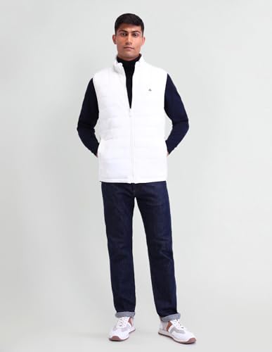 Image of Arrow Sports Men's Grey Solid High neck Sleeveless Casual Polyester Regular Fit Jacket