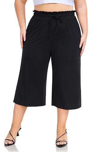ZERDOCEAN Women's Plus Size Wide Leg Capris High Waisted Casual Lounge Pants with Drawstring Pockets2