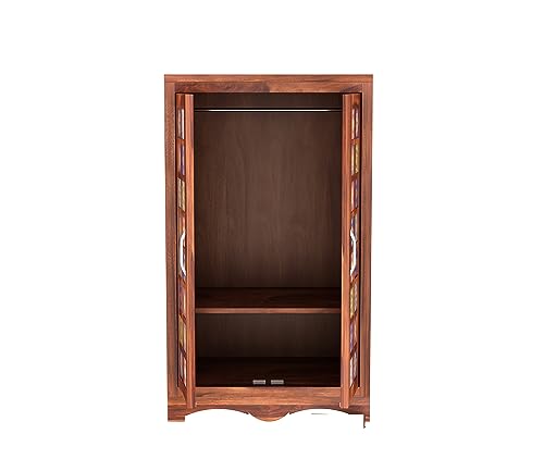 Image of Sheesham Wood Wooden 2 Door Wardrobe Organizer for Clothes | - Solid Wood Almirah with 2 Shelves - with Hanging Space Cupboard for Large Bedroom (Design 22)
