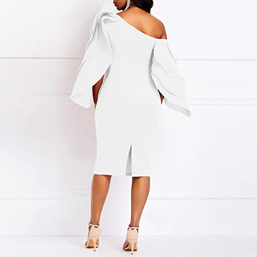 Image of VERWIN Bodycon Dress for Woman Long Sleeve Knee-Length Ruffle Sleeve Off Shoulder Evening Dress