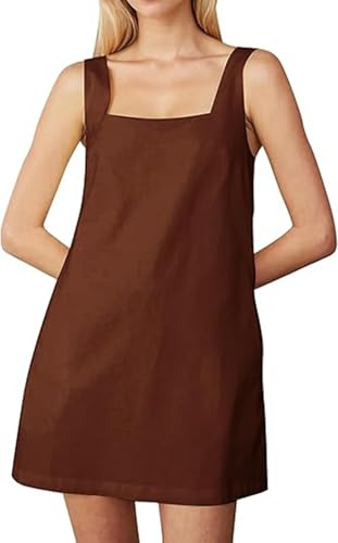 Image of Womens Summer Sleeveless Dresses Cotton Linen Mini Sundress Casual Square Neck Backless Solid Tank Shift Dress