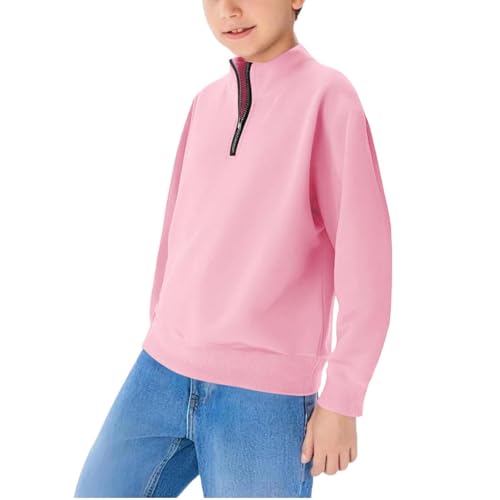 Boys Half Zipper Sweatshirts Cute Trendy Fall Pullover Tops for Youth Long Sleeve Sweater Workout School Sport Clothes Pink