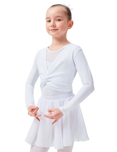 tanzmuster ® Ballettjacke Mädchen Langarm - Mia - aus sehr weichem Baumwollstoff Ballett Top zum Reinschlüpfen in weiß, Größe 140/146
