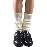 Women Girls Japanese Style Kawaii Crochet Wool Ball Loose Knitted Leg Warmers Knee High Boot Stockings (OneSize, White3)