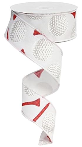 Craig Bachman 1.5" Royal Canvas Golf Balls & Tee Ribbon: White (10 Yards) - Goft Theme Sports Floral Arrangement Wreath Fabric Craft Wired Edge Ribbon