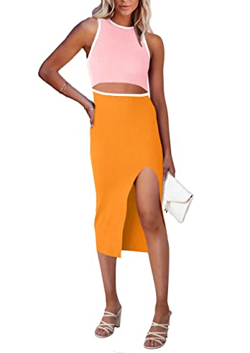 Image of PRETTYGARDEN Women's Summer Midi Bodycon Dresses Casual Crew Neck Side Slit Sleeveless Knit Cut Out Tank Top Dress