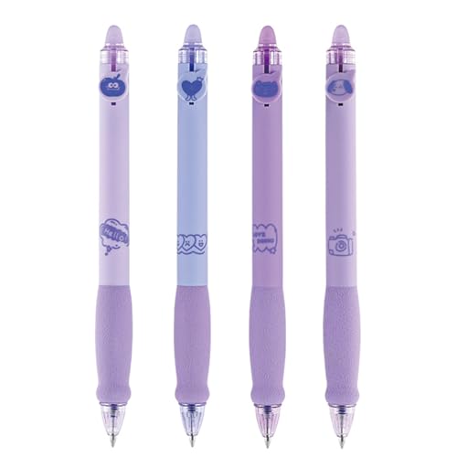 MOZXIRZ 4 Pcs Erasable Gel Ink Pens Retractable Pens Cute Pink Purple Pens 0.5mm Blue Ink Writing Pen Office School Pens Women Girls Pens (Blue Ink-Purple)