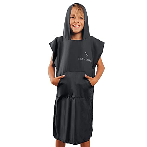 ZENACROSS Poncho de Bain Enfant 100% Microfibre - 10-13 Ans Noir - Poncho Surf, Plage et Piscine avec Poches et Capuche - Peignoir Garçon, Fille, Séchage Rapide