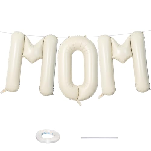 Image of 40 Inch Beige Mom Balloons for Mothers Day Decorations, Large Cream Mother's Day Mylar Foil Balloon Letter, Ivory White Sand Mom Alphabet Sign for Mama Birthday Baby Shower Party Decor Supplies