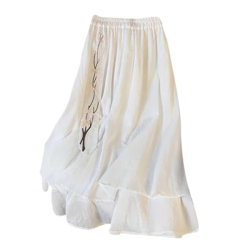 Womens Linen Maxi Skirts Summer Loose Elastic Waist Full Length Embroidered Skirt Double Layer Flowy Gauze Skirt