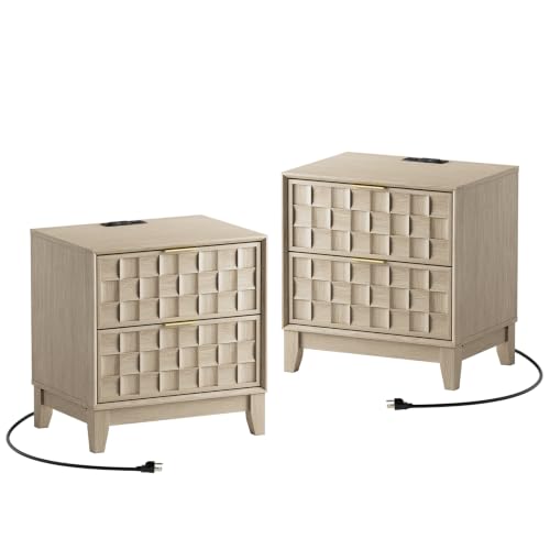 COLAMY Oak Nightstand Set of 2 with Charging Station