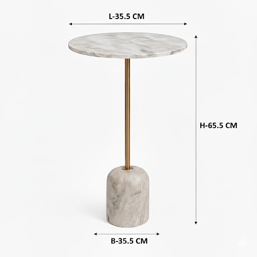 Image of Little eXtra Iron Savar Marble Side Table with Pillar Base, Sofa Side Table for Living Room, Corner Table for Bedroom, Bedside Table 35.5 x 35.5 x 65.50 cm (Beige.)