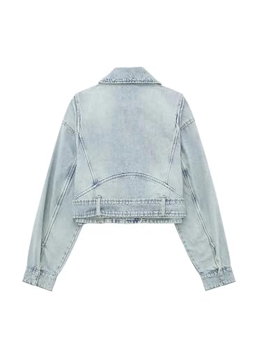Women's Fashion Biker Denim Jacket Short Vintage Lapel Long Sleeve Zipper Belt Jean Coat2