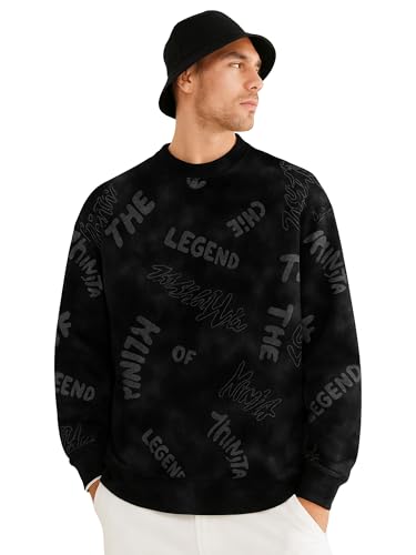 Image of Jump Cuts Mens AOP Printed Round Neck Full Sleeve Black Cotton Fleece Jacket for Men