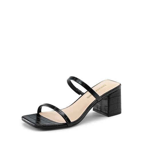 DREAM PAIRS Sandal Heels for Women Low Square Open Toe Block Chunky Heels Slip On Slides Mules for Party Homecoming Daily 8.5 Black-stone Pu