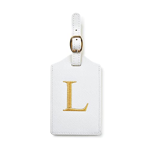 Initial Luggage Tag, PU Leather Luggage Tag, Embroidered Luggage Tag, Letter Luggage Tag, Monogrammed Luggage Tag, Luggage Tag for Baggage Bag Suitcase (L, White Leather+Gold Letter)