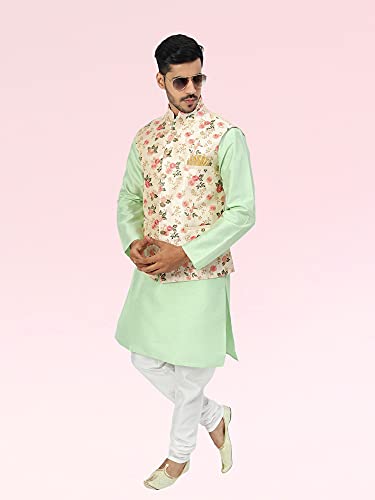 Image of Uri and MacKenzie Men's Silk Blend Regular Kurta Churidar Pyjama with Bundi Nehru Jacket /Waistcoat