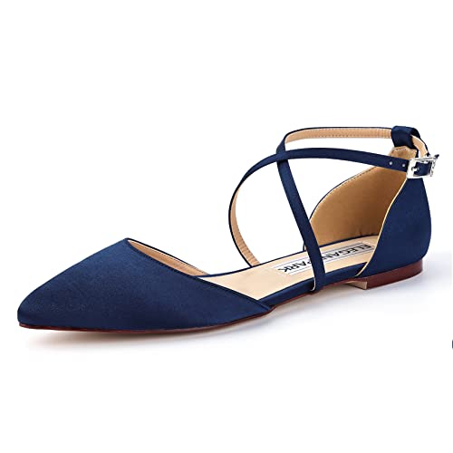 Image of ELEGANTPARK FC2322 Comfortable Satin Pointed Toe Flats for Women Ankle Straps Wedding Flats for Bride Shoes Evening Party Guest Shoes for Women Dressy Low Heel