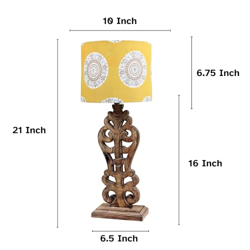 Image of tu casa Mangowood Rustic Brown French Table Lamp for Home Decoration, Bedroom, Living Room, Lounge, Office, Festival Gifting, Study Table (Mandala Print with Satin Shade) H - 21 inch / No Blub