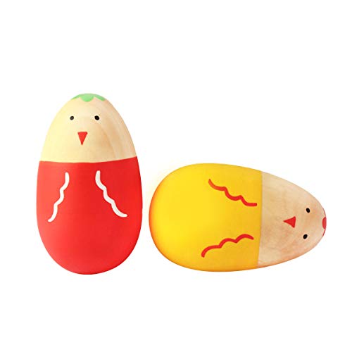 Image of Shumee Wooden Easter Egg Shakers for Babies | Baby Easter Basket Stuffers Gift | 100% Child Safe & Non-Toxic | Montessori Musical Rattle Toy | Set of 2 Maraca Eggs (Yellow & Red Dots)
