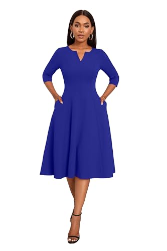 Image of Nmoder Midi Dresses for Women A-Line Fit and Flare Dress 3 /4 Sleeve V Neck Cocktail Wedding Guest Work Dress with Pockets