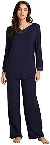 WiWi Bamboo Soft Pajamas Sets for Women Long Sleeve Sleepwear Lace V Neck Top with Pants Plus Size Loungewear S-4X, Navy, Small