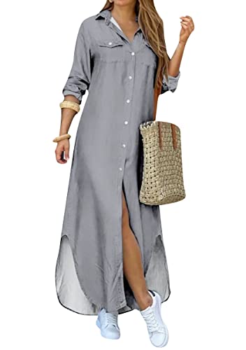 Image of YMING Women's Long Sleeve Button Down Shirt Dress Spring Casual Maxi Dresses Loose Fit Blouse Dress with Pockets