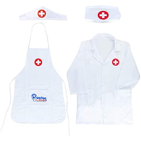 NITAIUN 4 Pcs Doctor Set, 2 x Coat, 2 x Cap Role Play Fancy Dress Costume Playsets Educational Toys Game for Boys Girls 3-6 Years (White) Cover