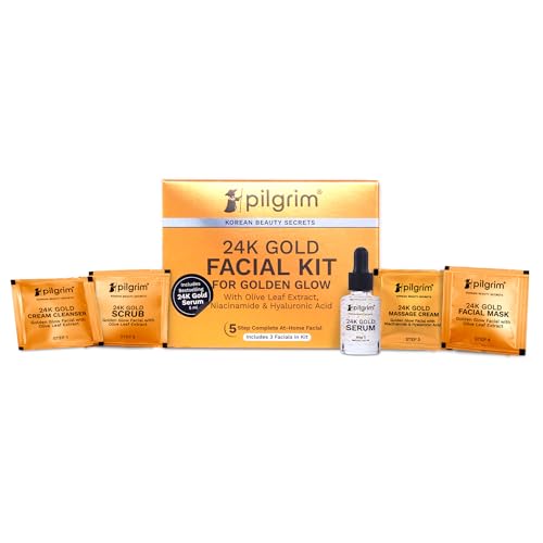 Pilgrim 24K Gold Facial Kit for Instant Radiance & Golden Glow: Includes Gold Cleanser, Scrub, Massage Cream, Facial Mask, Red Vine Mist & Toner (30ml)
