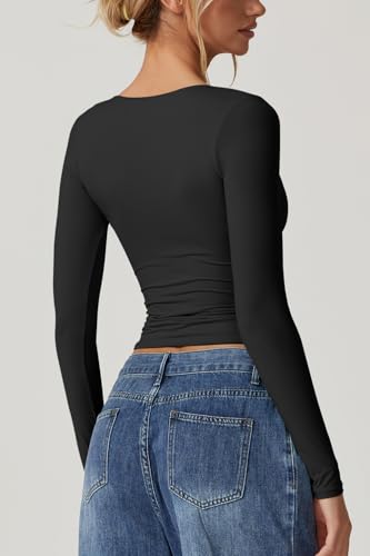 QINSEN Women's Long Sleeve V Neck T Shirts Double Lined Crop Top Seamed Cup Going Out Tops2