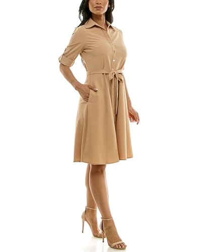 Image of Sharagano Women's Pleated Shirt Dress - 3 /4 Sleeve, V-Neck, Gold Buttons