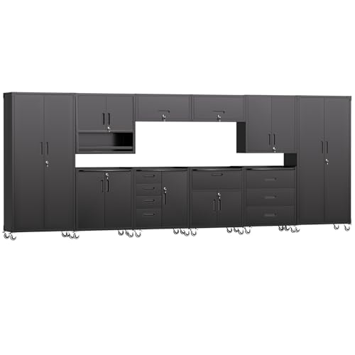 FLIXELIO Garage Storage Cabinets System 10PCS Workshop Set with Drawers Locking Heavy Duty Rolling Cart with Adjustable Shelves Garage Tool Workbench Cabinets, Black