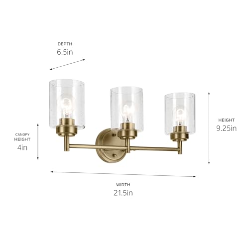 Image of Kichler Winslow 21.5 inch 3-Light Bathroom Vanity Light Fixture with Clear Seeded Glass in Natural Brass for Luxe Industrial Style Over Mirror (21.5 inch x 9.25 inch), 45886NBR