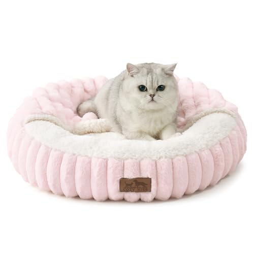 COZY KISS Katzenbett mit Decke - Flauschige Katzenhöhle - Kissen, Runde kleine Hundebett mit Rutschfester Unterseite, Katzensofa mit Kopfstütze aus Kunstfell, Waschbares, Rose, 58x58x15cm