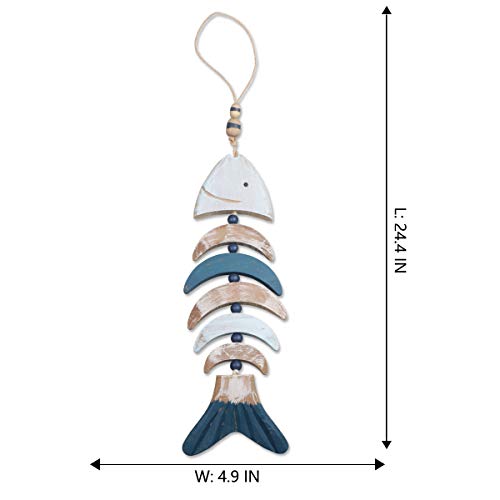 YiYa 24.4" Wooden Decor Fish Bones with Beads for Nautical Decoration, Wall Decor Door Hanging Ornament Beach Theme Garden Office Home Decoration(Blue) - Image 2