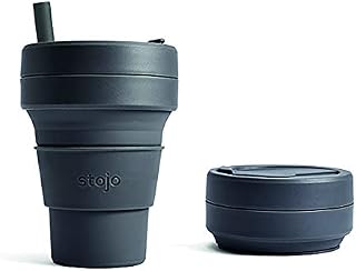 STOJO On-The-Go Biggie Collapsible Coffee Cup - 16oz / 473ml - Reusable & Foldable Silicone Travel Mug with Lid - Portable, Pocket Size - Dishwasher Safe - Carbon